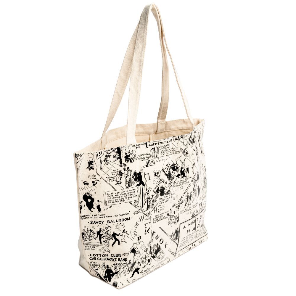 Canvas tote bag with the illustration of the Nightclub map by E. Simms Campbell in 1932 and portraying the after-dark world of the speakeasies, nightclubs, secret lounges and the vibrant entertainers who were the shining lights during the Harlem Renaissance. 