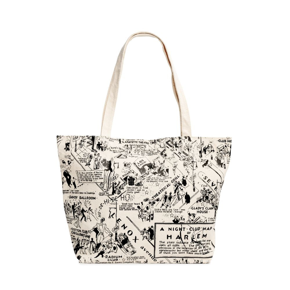 Canvas tote bag with the illustration of the Nightclub map by E. Simms Campbell in 1932 and portraying the after-dark world of the speakeasies, nightclubs, secret lounges and the vibrant entertainers who were the shining lights during the Harlem Renaissance. 