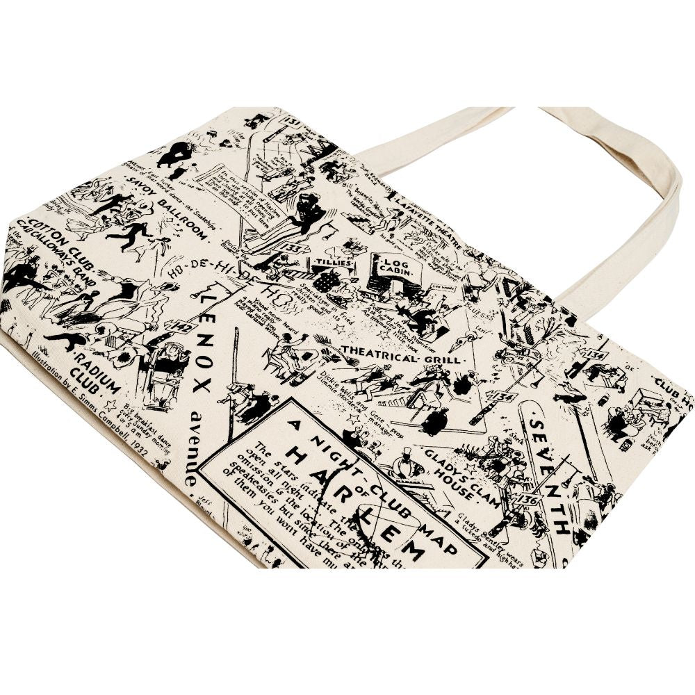 Canvas tote bag with the illustration of the Nightclub map by E. Simms Campbell in 1932 and portraying the after-dark world of the speakeasies, nightclubs, secret lounges and the vibrant entertainers who were the shining lights during the Harlem Renaissance. 