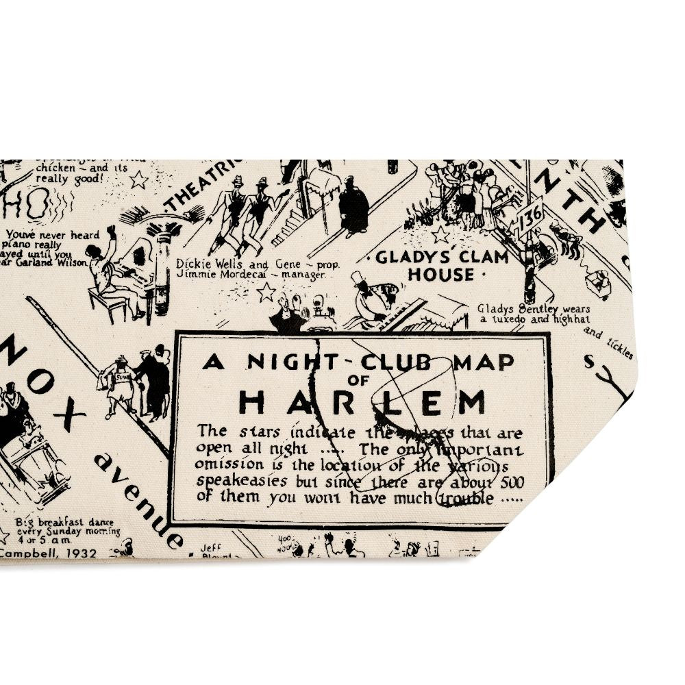 Close up of the canvas tote bag with the illustration of the Nightclub map by E. Simms Campbell in 1932 and portraying the after-dark world of the speakeasies, nightclubs, secret lounges and the vibrant entertainers who were the shining lights during the Harlem Renaissance. 