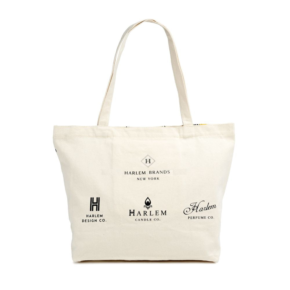 The back side of the canvas tote bag. Showing the Harlem Brands logos. 