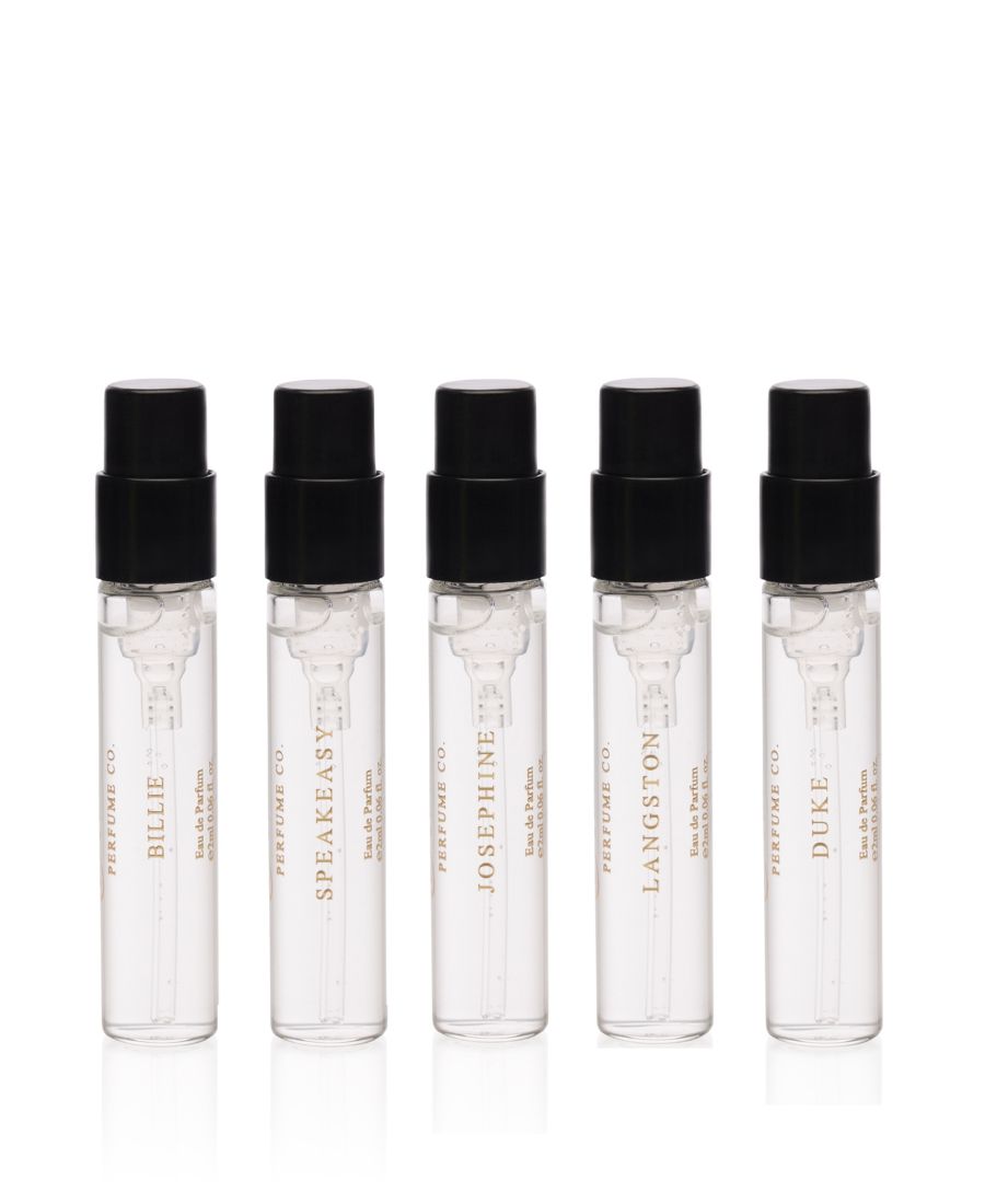 This is an image of our glass bottles of perfume discovery set of five 2ml fragrances to include Billie, Speakeasy, Josephine, Langston and Duke. 