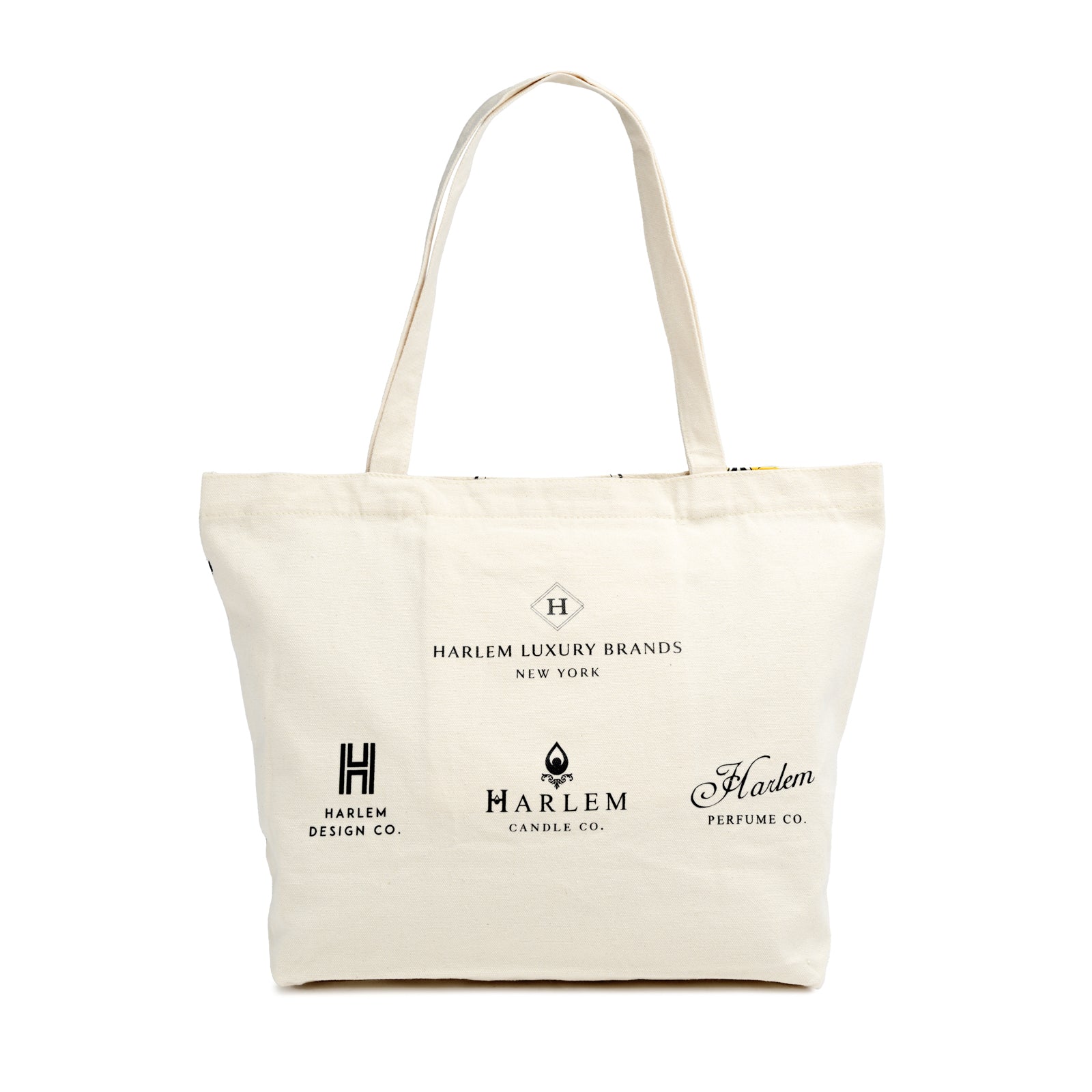 Canvas tote bag with Harlem Design, Perfume and Harlem Candle Logos.