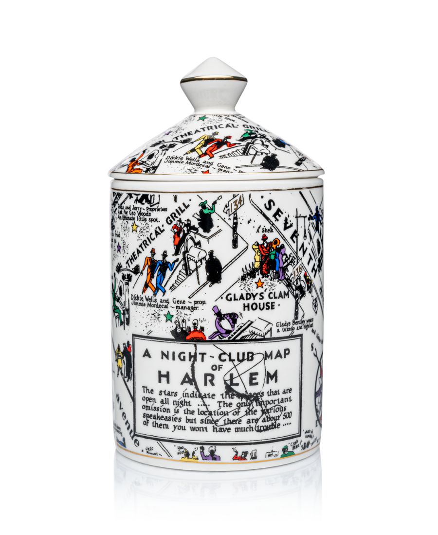 This is an image of our night club map of Harlem candle in black-and-white with pops of color. This candle has a dome lid and is Fragrance with the Langston scent.