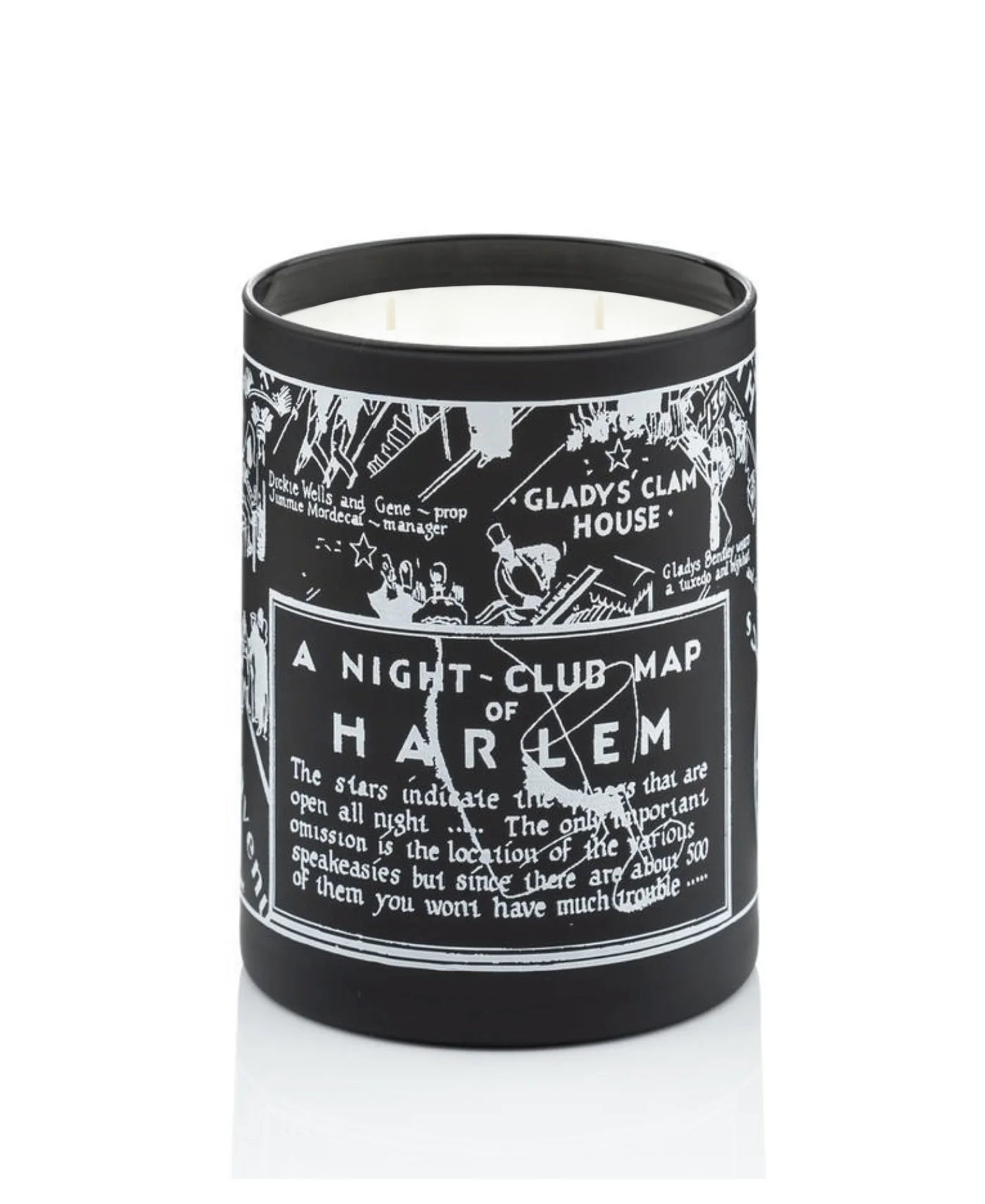 this is an image of our black & White Nightclub Map of Harlem Langston Candle with 2 wicks.