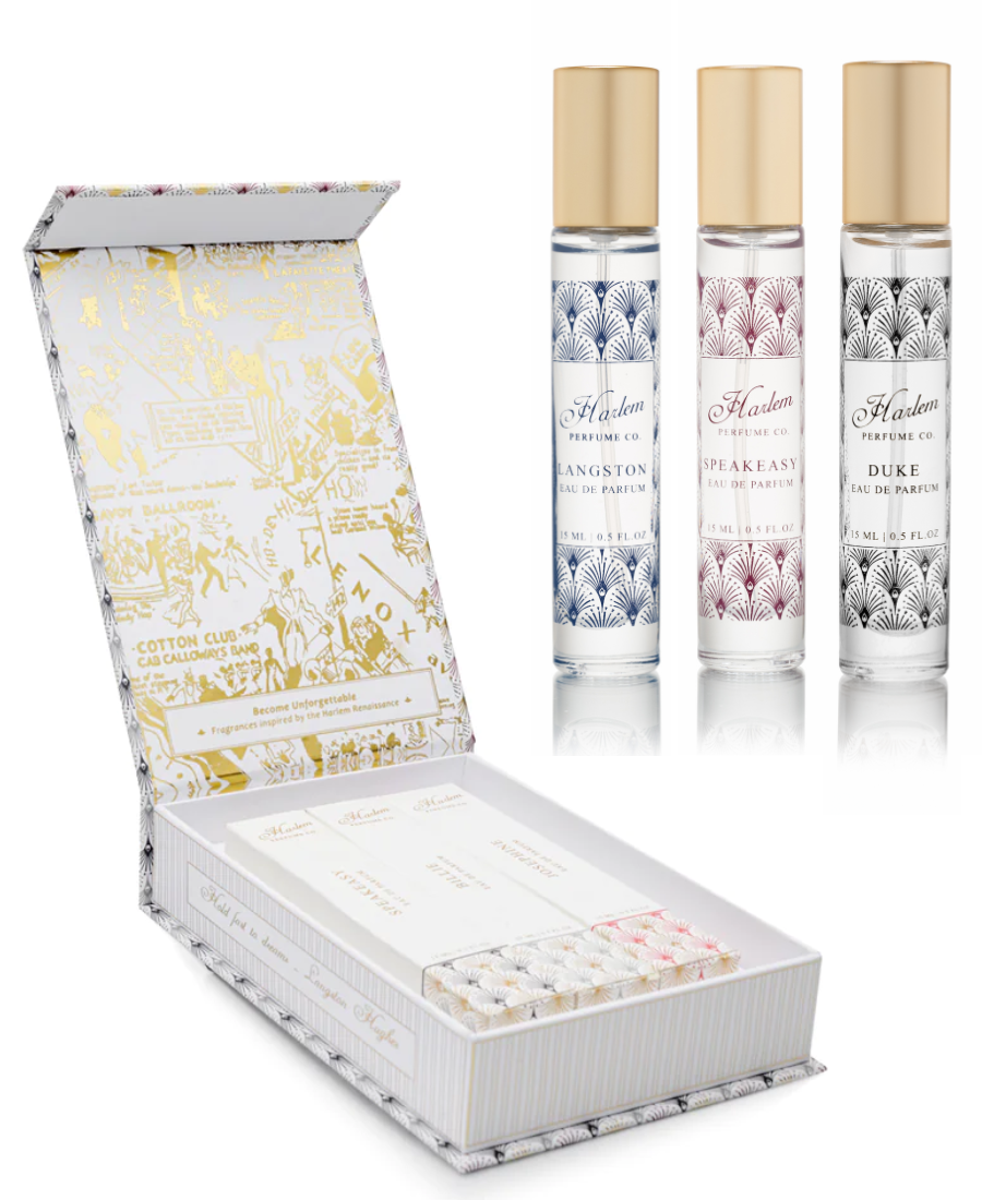 Harlem Perfume Discovery Set box with Langston, Speakeasy and Duke 15ml perfumes. 