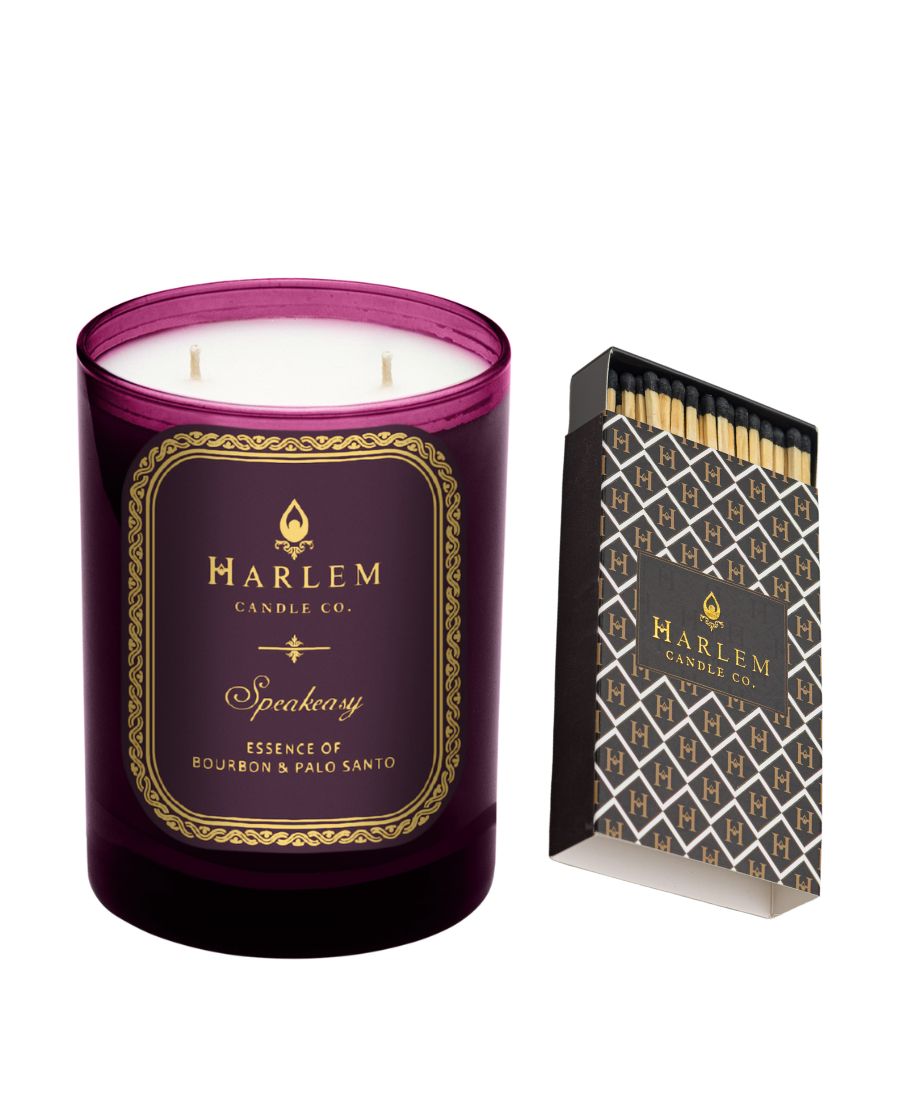 This is an image of our Speakeasy candle and art deco matches on a white background.