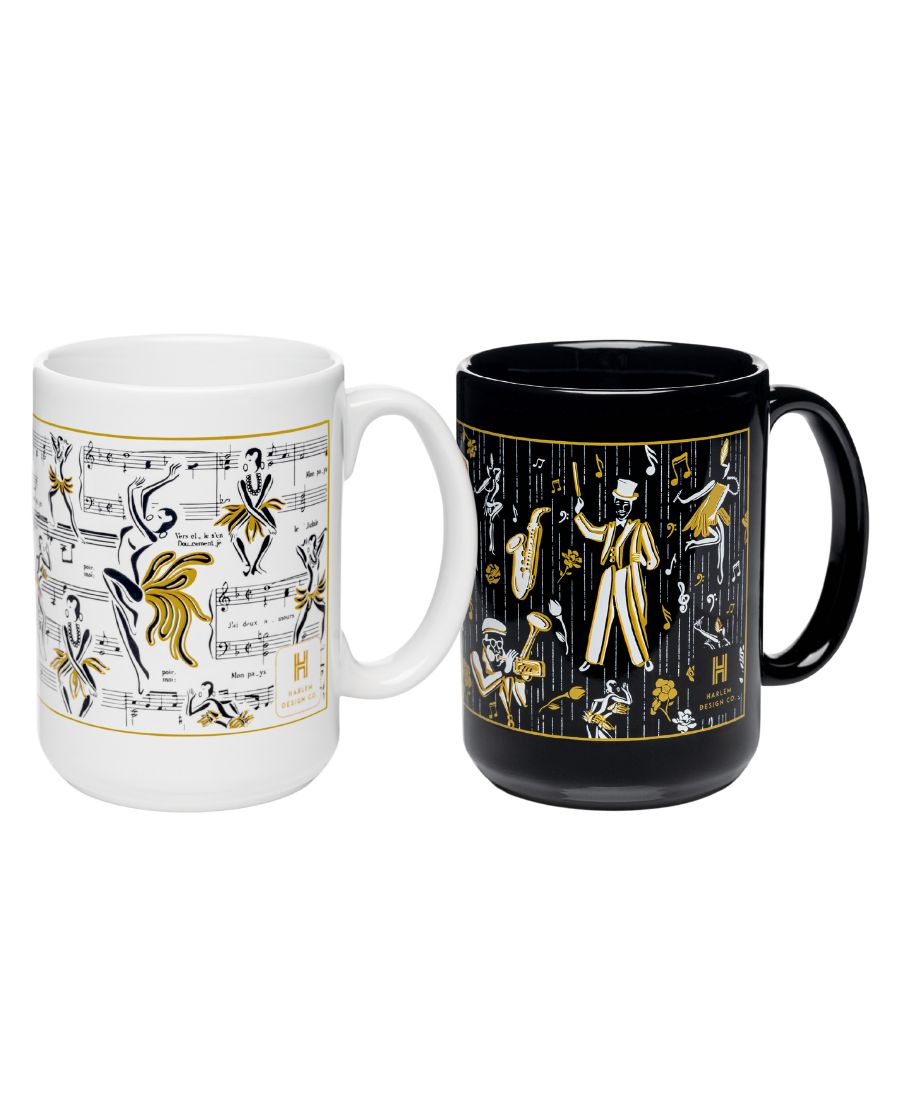 This is an image of our Josephine Baker inspired mug with original illustrations pictured next to our ode to the Harlem Renaissance, black gold white mug.